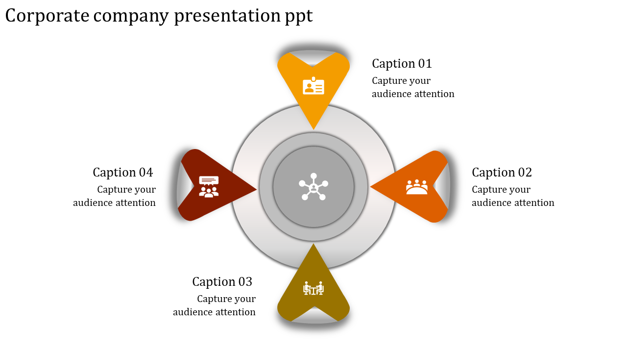 Corporate company presentation template with four colored triangular arrows pointing outward, each with a caption.