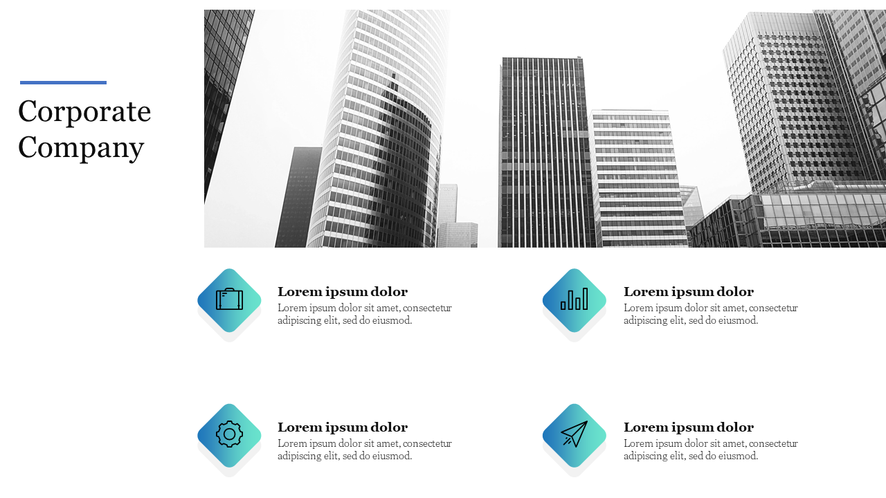 Corporate company PowerPoint template featuring skyscrapers and four icons with captions.