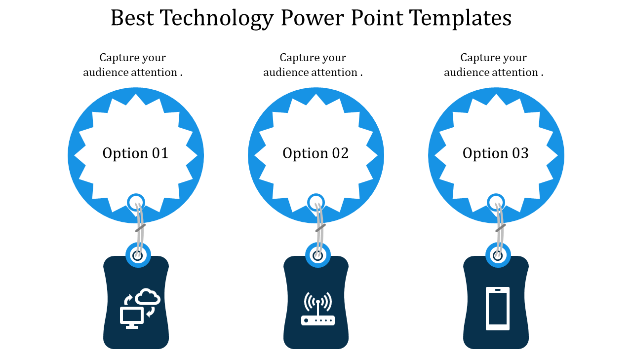 Slide layout with three options displayed in blue circular elements linked to tags representing technology-related symbols.