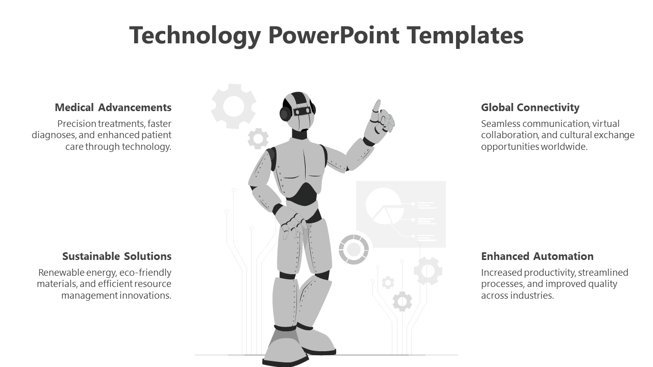 Technology themed slide with a robot character and descriptions from medical advancements to enhance automation.