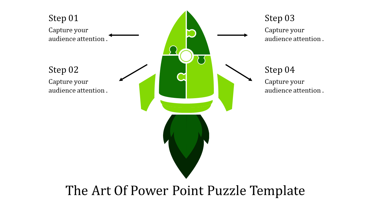 Green rocket-shaped puzzle with four labeled steps surrounding it, indicating directions for capturing audience attention.