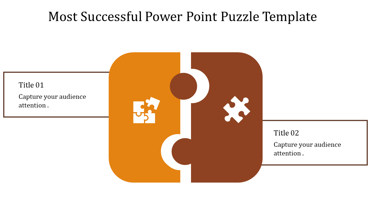 Two interlocked puzzle pieces in orange and brown with corresponding icons and text boxes for two titles.