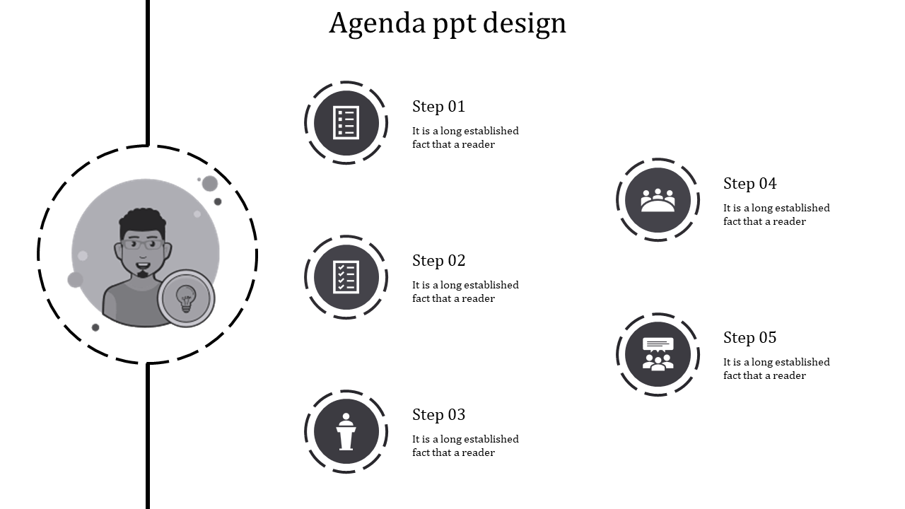 Agenda PPT template with steps listed from 1 to 5, featuring gray icons for each step and text sections.