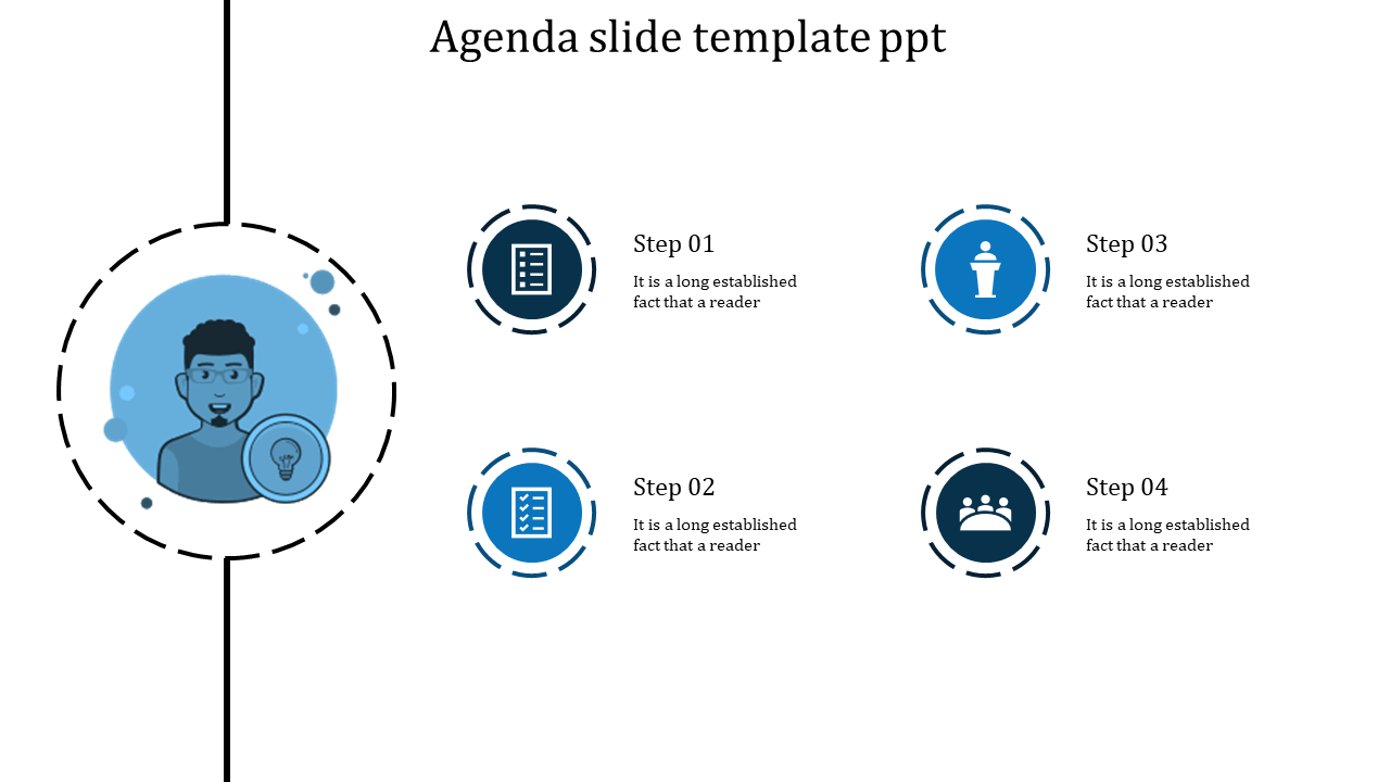 Agenda slide with a central character illustration and four blue circular icons representing steps on the right.