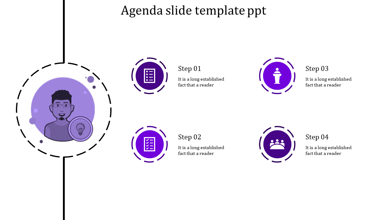 Purple agenda PPT slide with a person icon and four numbered steps with various related icons and placeholder text.