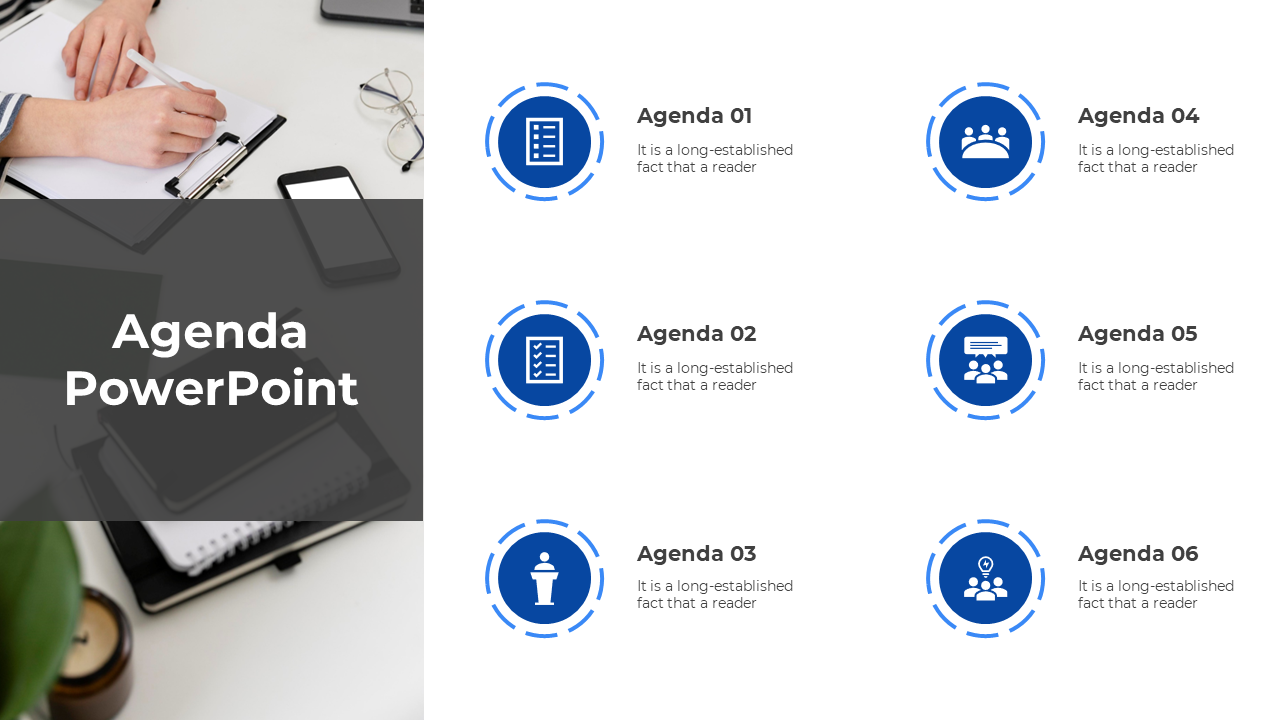 Agenda slide with a dark overlay on the left displaying agenda and six blue circular agenda icons on the right.