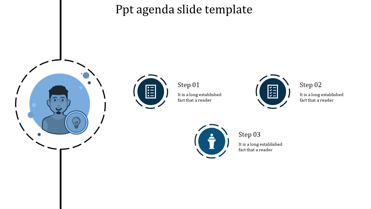 Agenda PowerPoint slide with a person icon and three numbered steps with corresponding icons in blue tones.