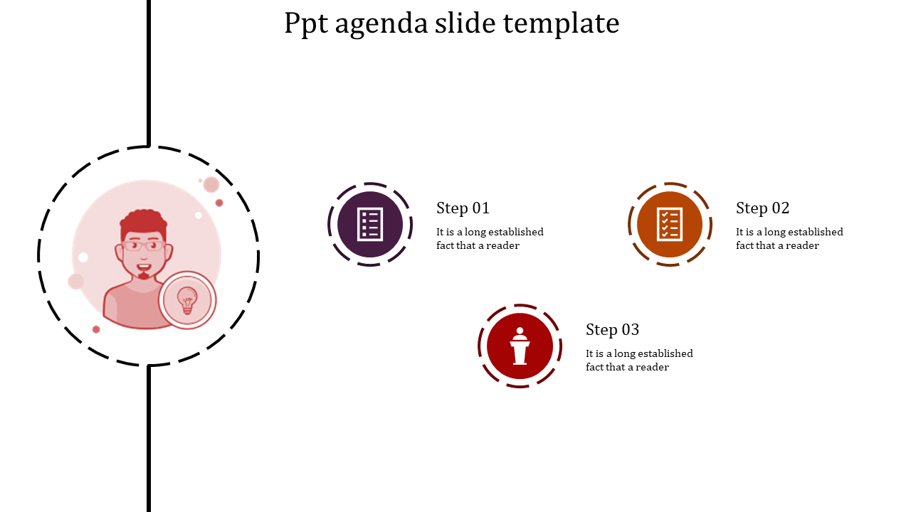 Agenda layout featuring a profile illustration and three circular step icons in purple, orange, and red tones.