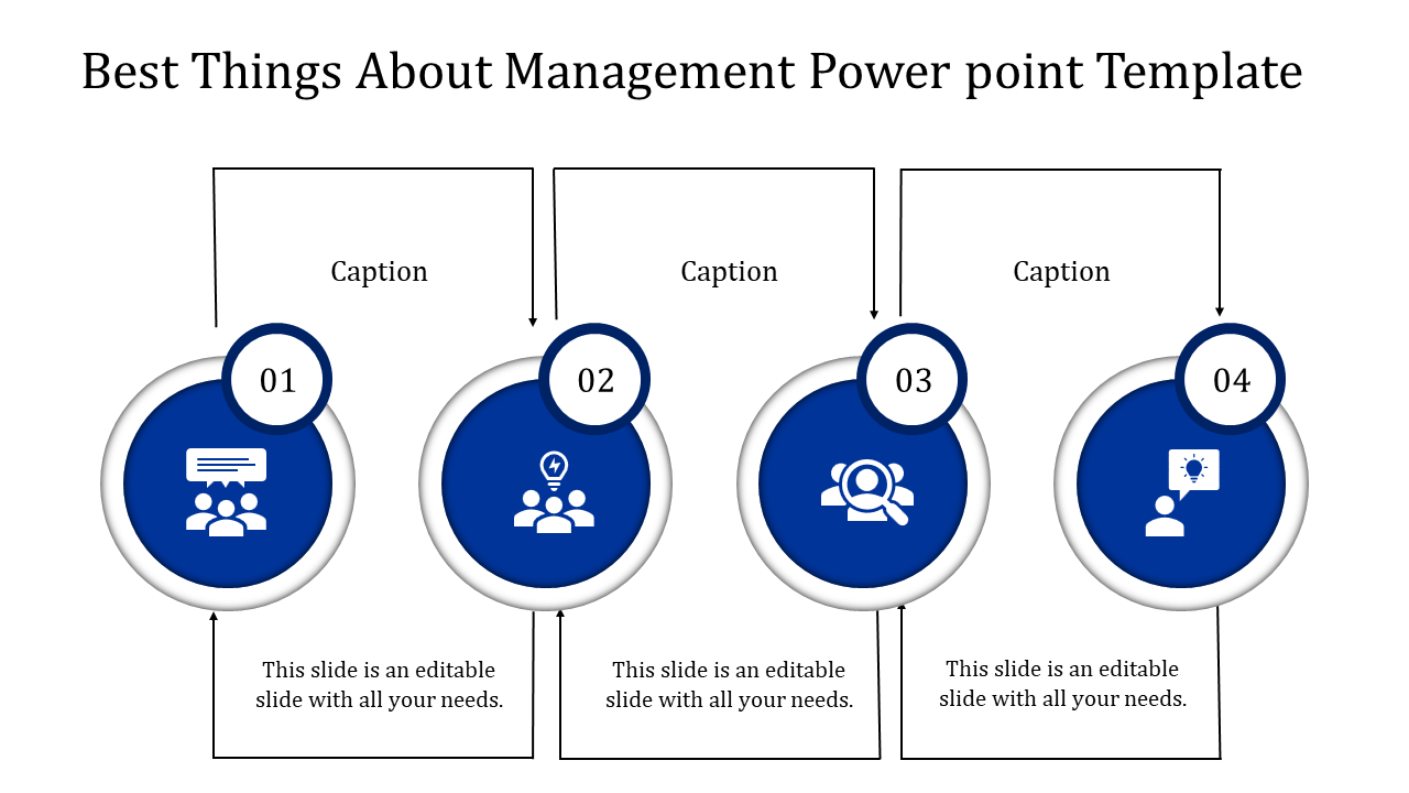 Management slide design with icons for communication, brainstorming, analysis, and innovation in numbered blue circles.