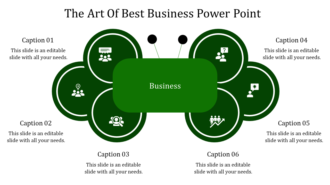 Business PPT slide with six green circular icons representing different business aspects surrounding a central green box.