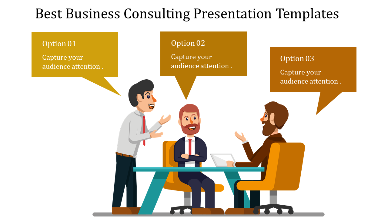 Business consulting PowerPoint template showing a team discussing strategies, with speech bubbles highlighting options.