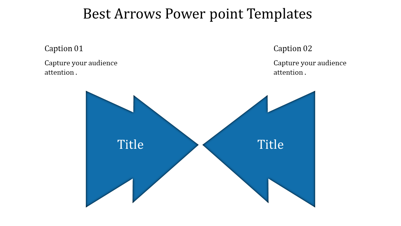 Two large blue arrows facing each other, with a title inside, and captions positioned above.