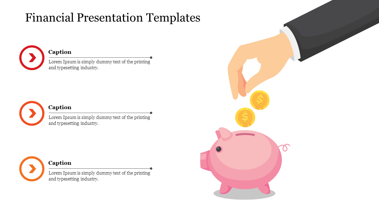 Financial template with a piggy bank illustration, coins, and three placeholders text areas on the left.