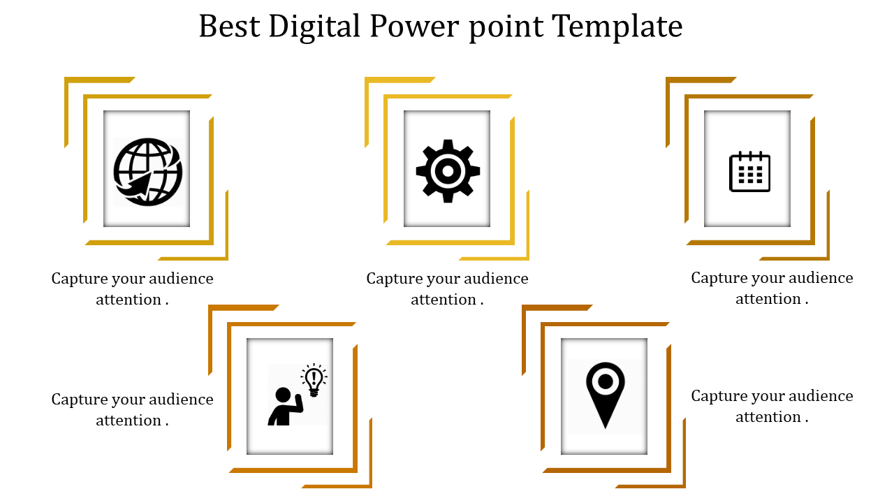 Digital template featuring five icons for global connection, settings, scheduling, idea, and location, surrounded by accents.