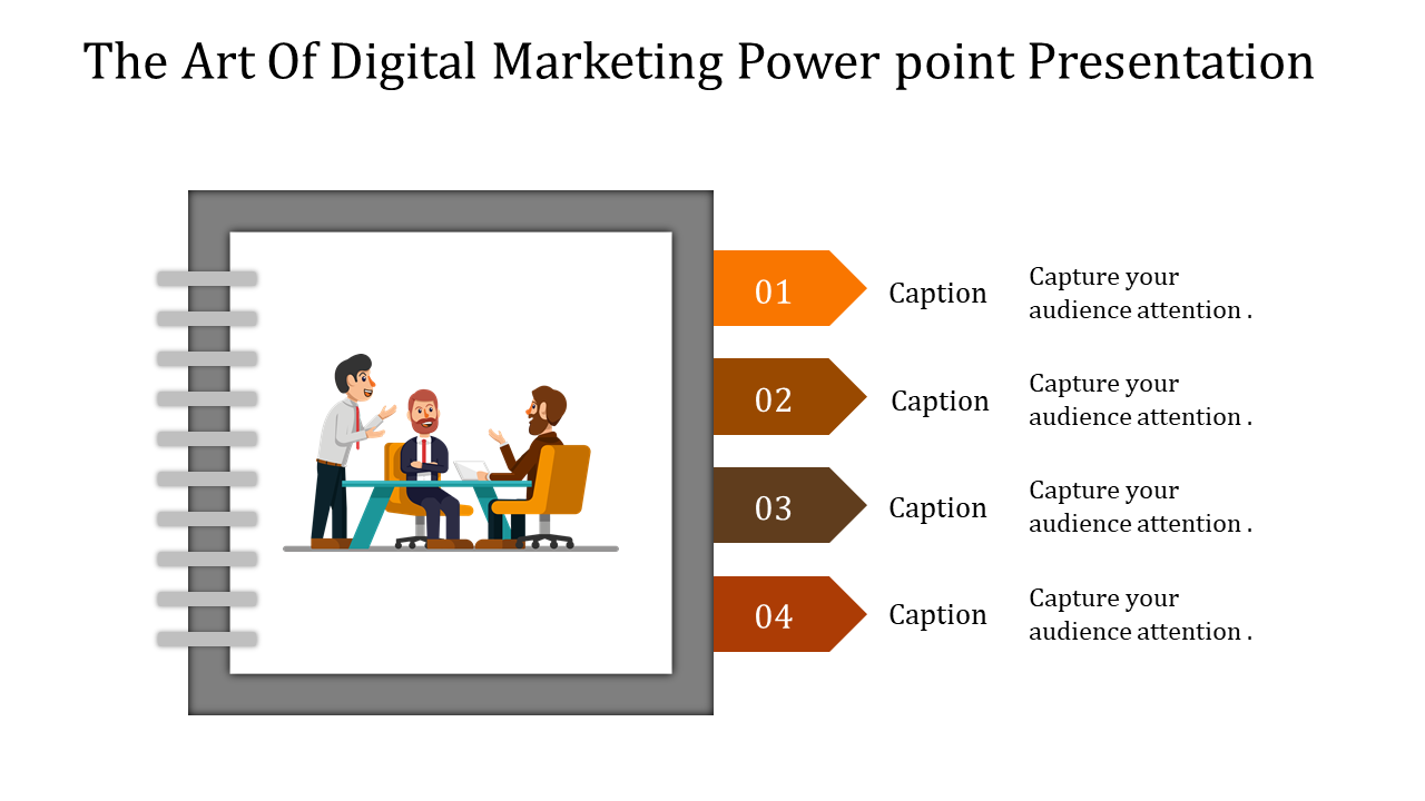 Slide illustrating the art of digital marketing with four numbered sections for captions and audience engagement.