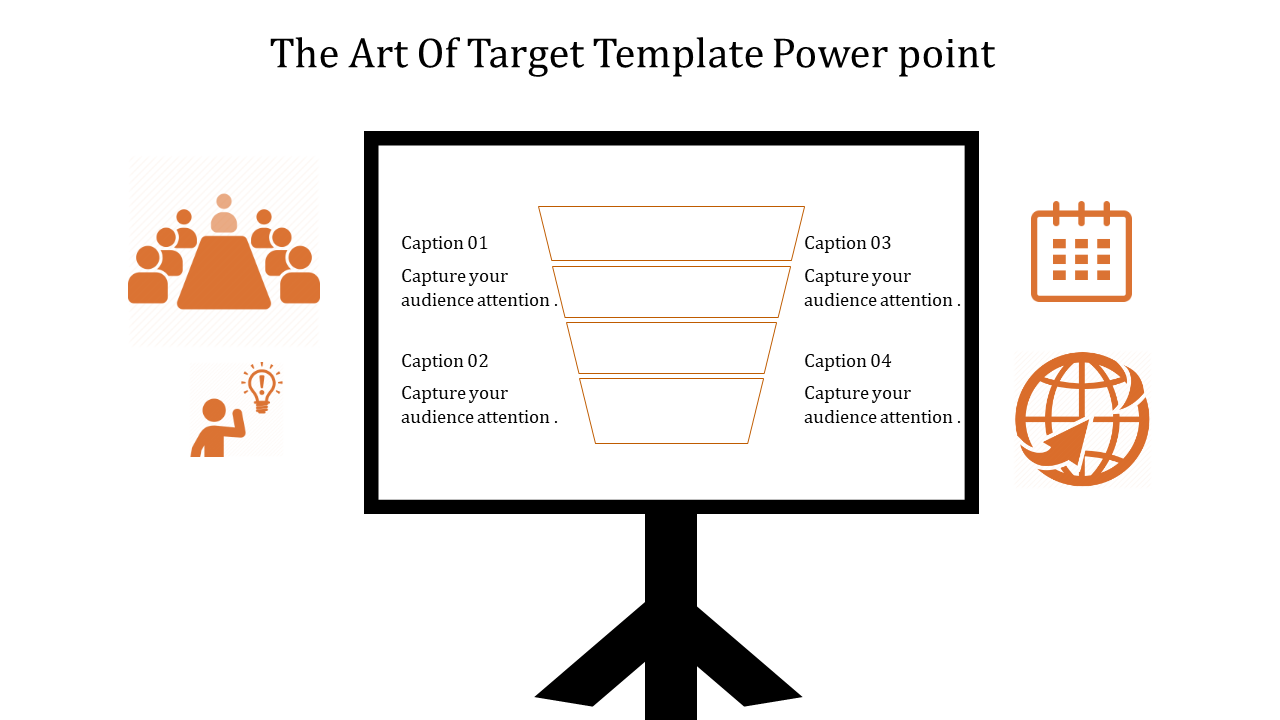 Slide with a black framed screen, featirong a funnel diagram in the center with four captions and orange icons around it.