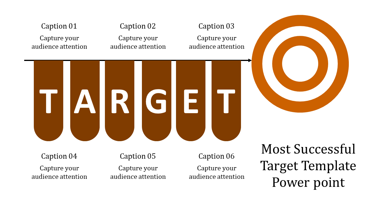 PowerPoint slide with the word TARGET in brown with arrows pointing to a target symbol, and captions.