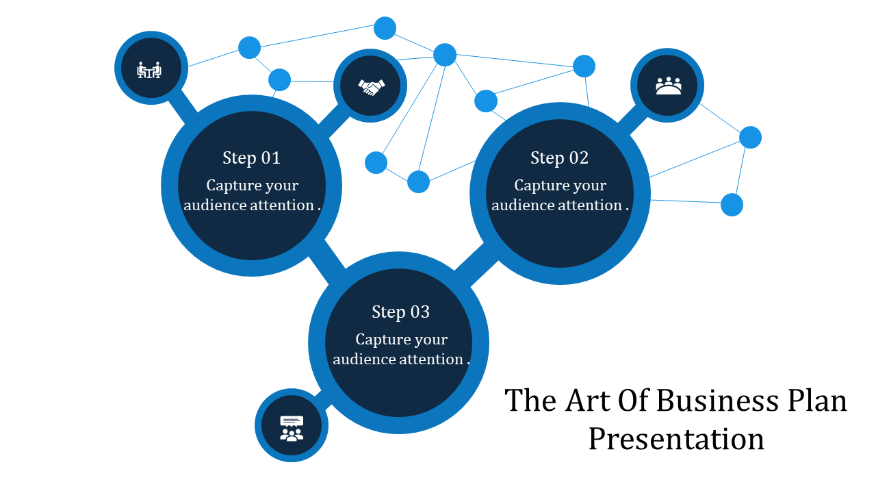 Business plan PowerPoint template featuring a network of interconnected steps, each representing a stage of the plan.