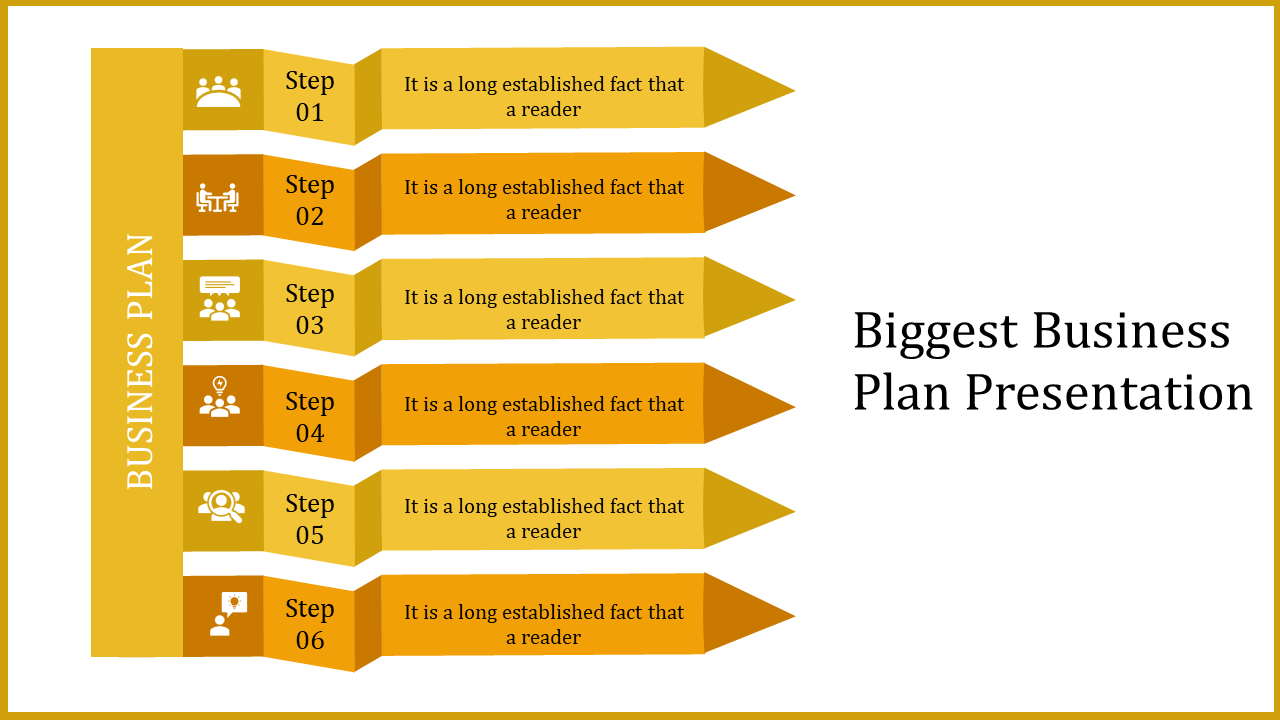 Vertical business plan layout with sequential steps marked by icons and gold-colored arrows each with caption areas.