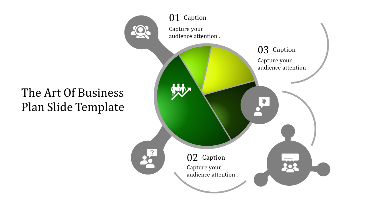 A business plan slide showing four sections with icons each with a percentage caption.