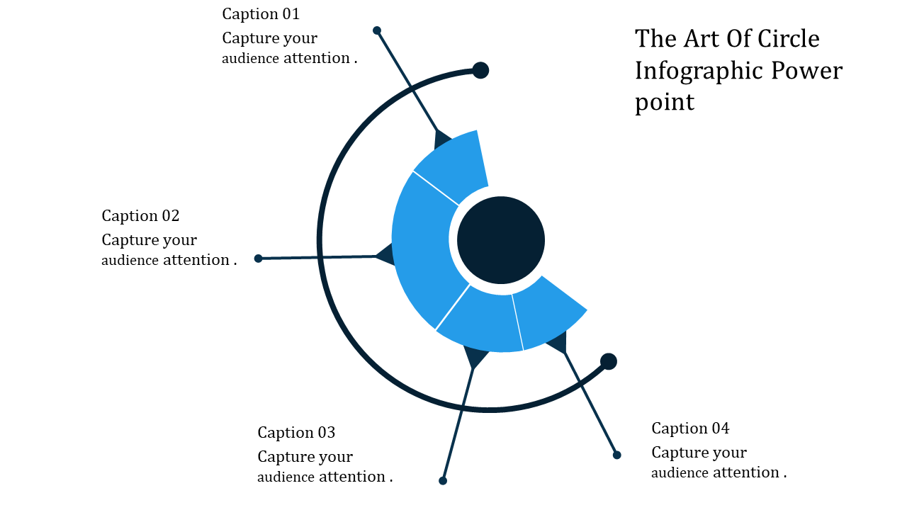 Infographic PowerPoint slide with a circular diagram divided into segments with arrows pointing outward with captions.