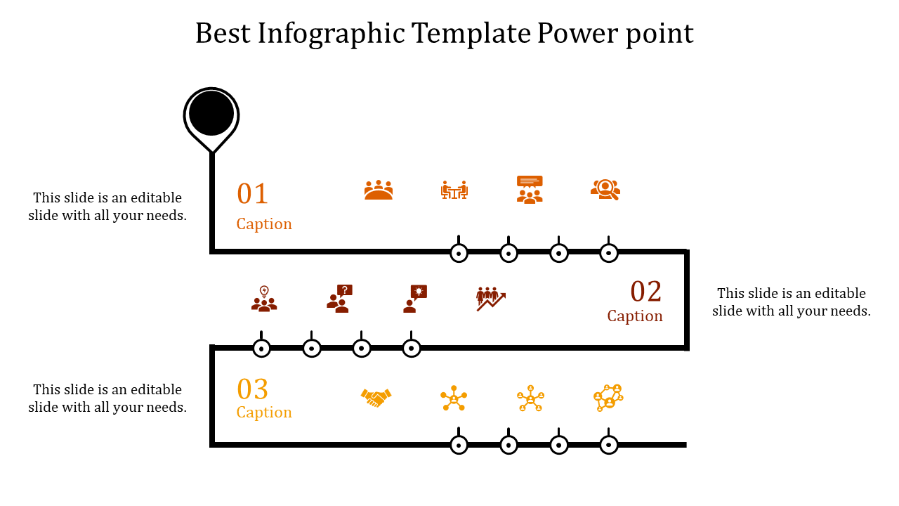 Timeline infographic slide with icons representing steps in a process, numbered from 01 to 03 with placeholder text.