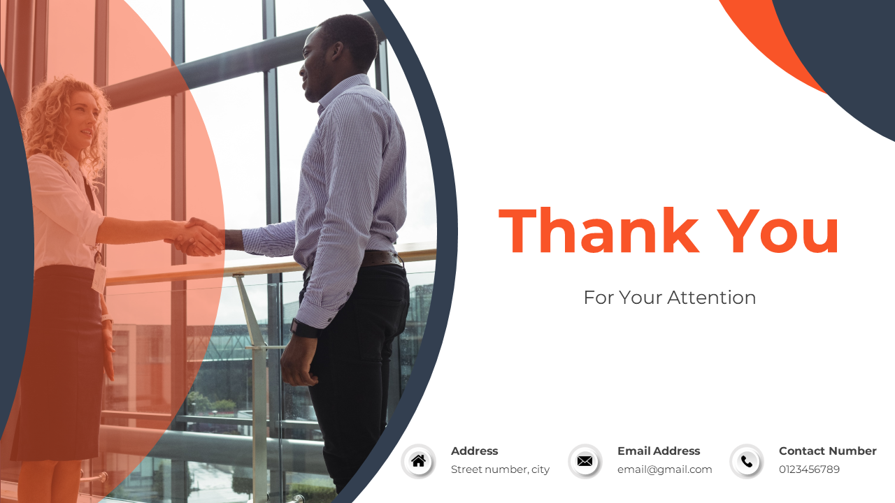 Thank you slide featuring white background with orange and navy shapes, and an image of a man and woman shaking hands.