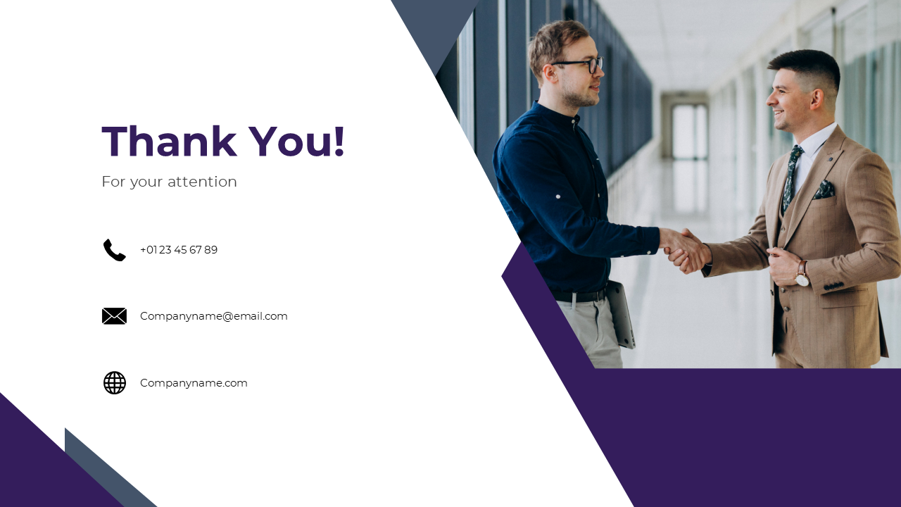 Business thank you slide with purple accents, contact details, and handshake image in an office setting.