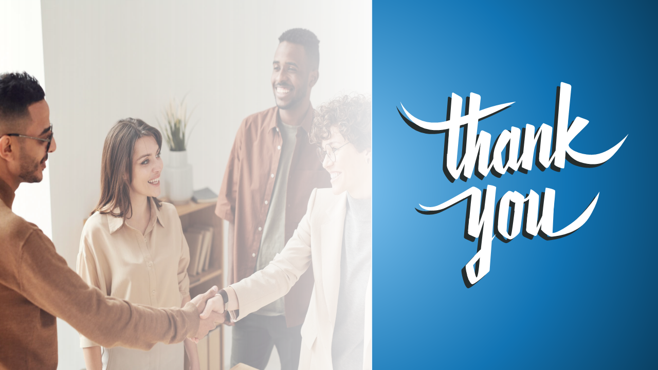 A diverse group of professionals shaking hands with a Thank You message in elegant script on a blue background.