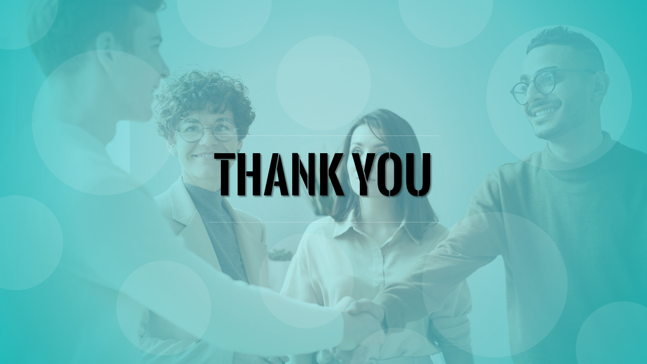 Thank you slide with a background of people smiling and shaking hands in a circular textured blue tint and a title text.