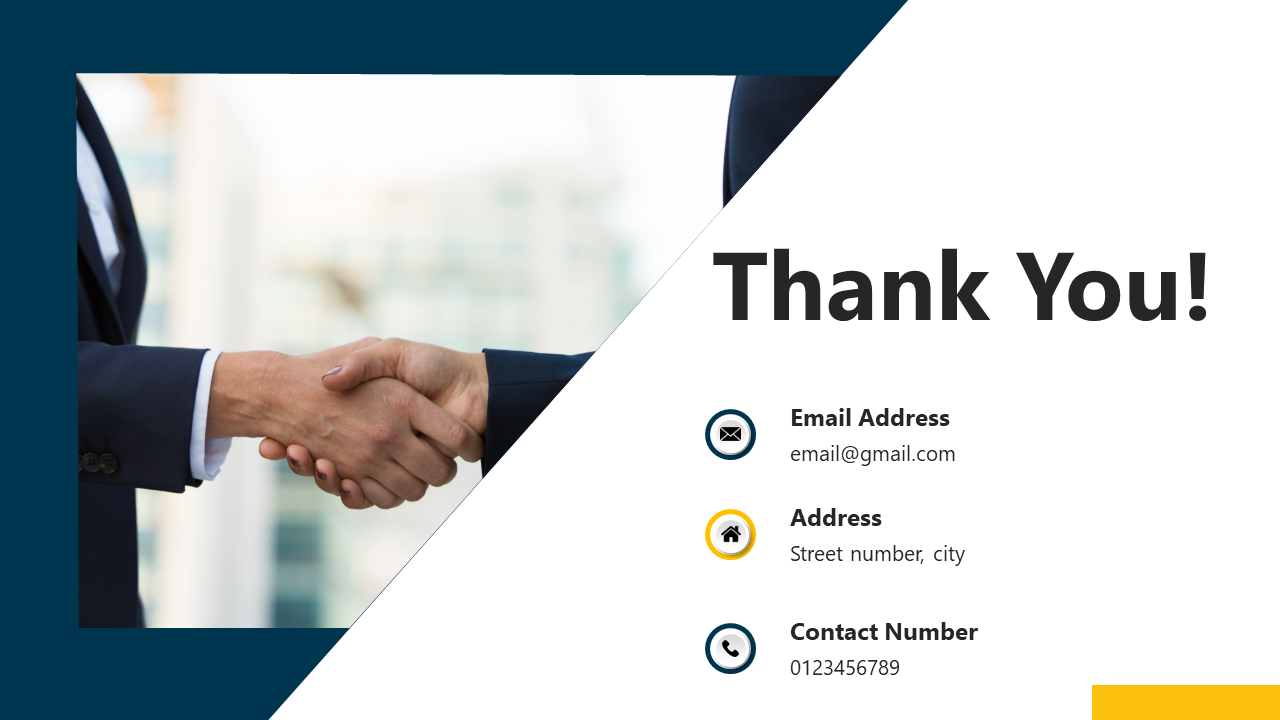 Thank you text with email, address, and contact details, next to a handshake image, with blue and yellow accents.