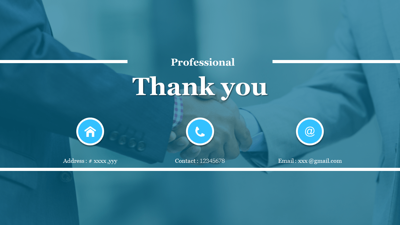 Professional thank you slide with a handshake visual and blue overlay, showcasing contact details.