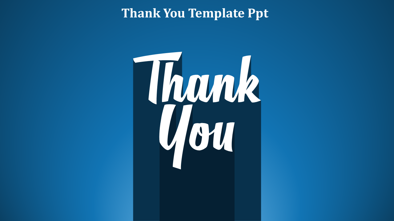 Simple thank you slide featuring large white typography on a blue backdrop with a darker vertical rectangular shadow.