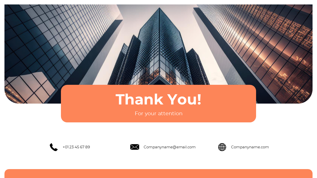 Thank you slide in orange box with a modern cityscape background, featuring contact information icons at the bottom.