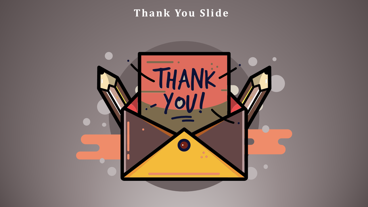 Thank you slide featuring a hand-drawn envelope with a note and pencils.