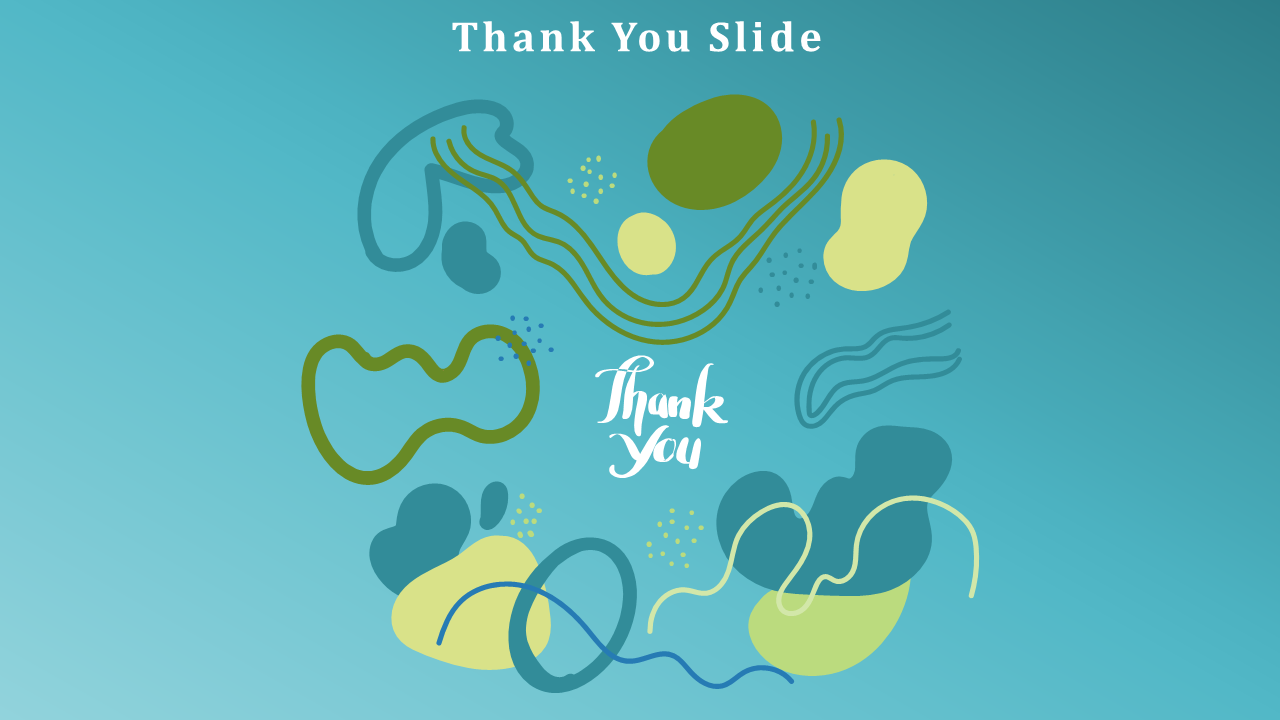 Abstract design on a blue background with green, yellow, and blue shapes and lines, centered with thank you text.