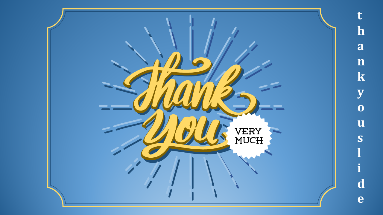 Elegant thank-you design on a blue background with yellow script text, radial decorative lines, and a white starburst.