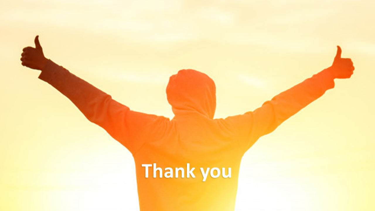 Inspirational thank-you slide with a person in a hoodie giving thumbs up in front of a bright, golden sky.