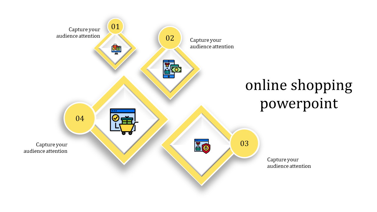 Interactive online shopping design featuring yellow diamond shapes and icons for cart, payment, and secure checkout.