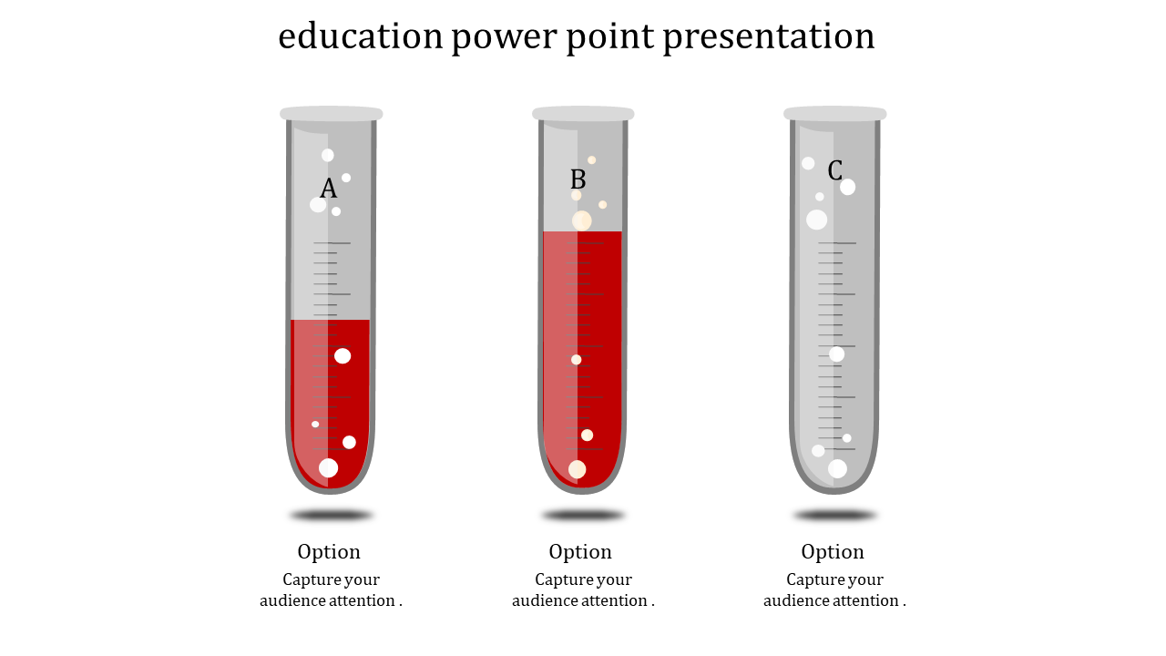 Three test tubes labeled A, B, and C with red liquid levels at different heights and floating white bubbles.