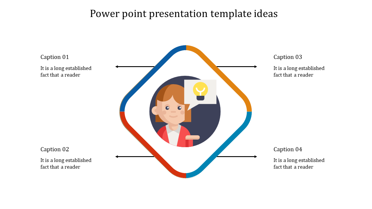 Ideas template featuring a colorful diamond outline with a central female figure and four labeled text captions.