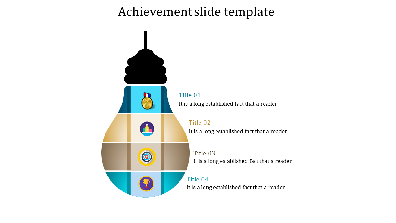 Achievement slide featuring a lightbulb with icons representing a medal, trophy, and star for titles 01 to 04.