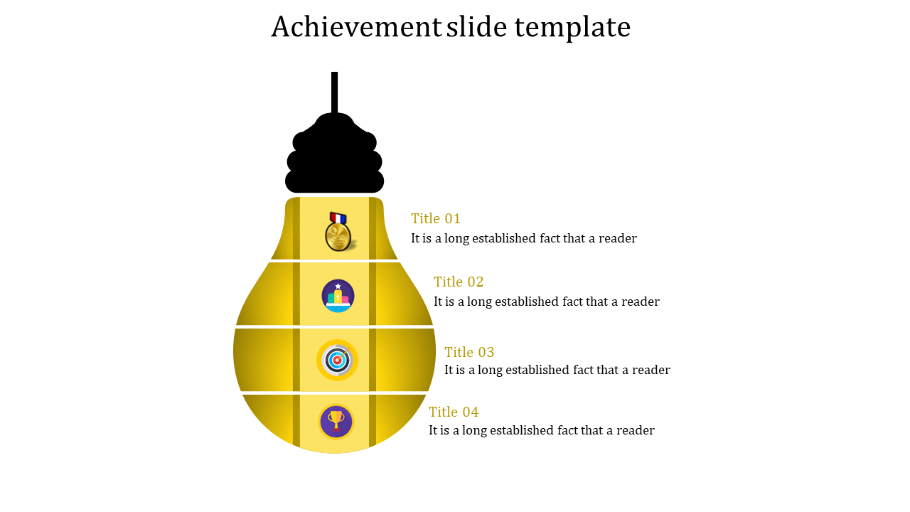 Yellow lightbulb-themed achievement slide template divided into four parts, each showcasing an icon and a title.