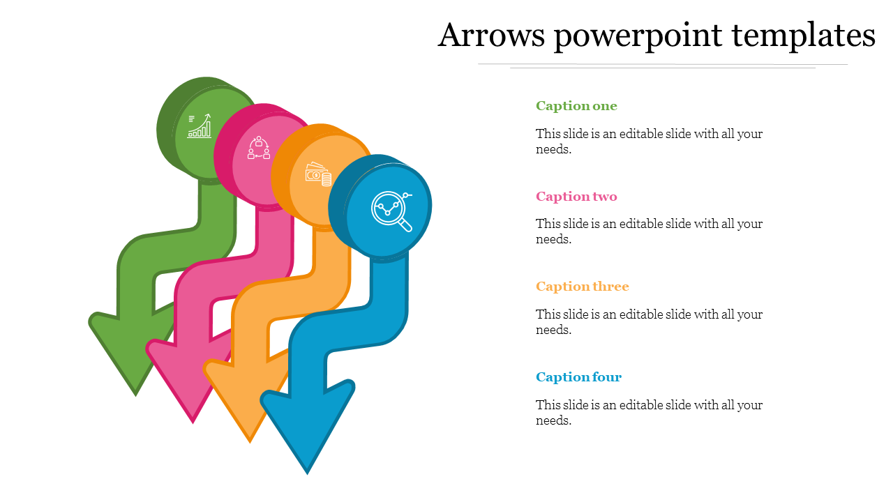 Colorful arrow infographic with four steps, each represented by a circular icon and caption.