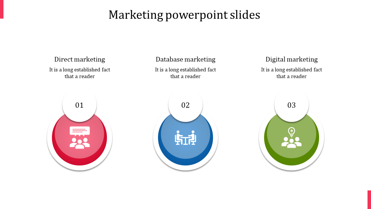 Three circular infographics in red, blue, and green, each representing a marketing concept with icons and captions.