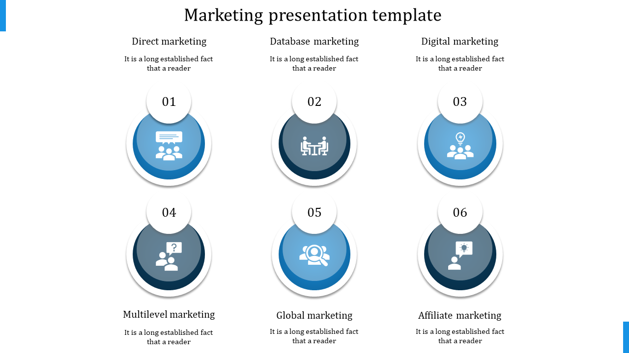 Blue-themed marketing slide with six labeled steps, each represented by a numbered circle and a descriptive icon.