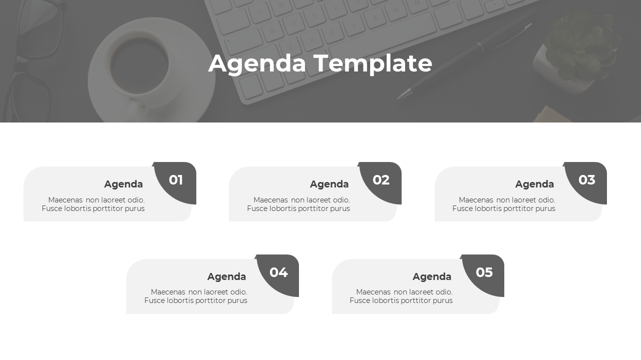 Five step agenda layout in gray tones, with numbered sections and placeholders for text in a grid format.