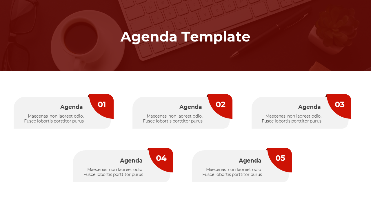 Agenda PowerPoint slide with five red highlighted sections on a clean white and red theme background.