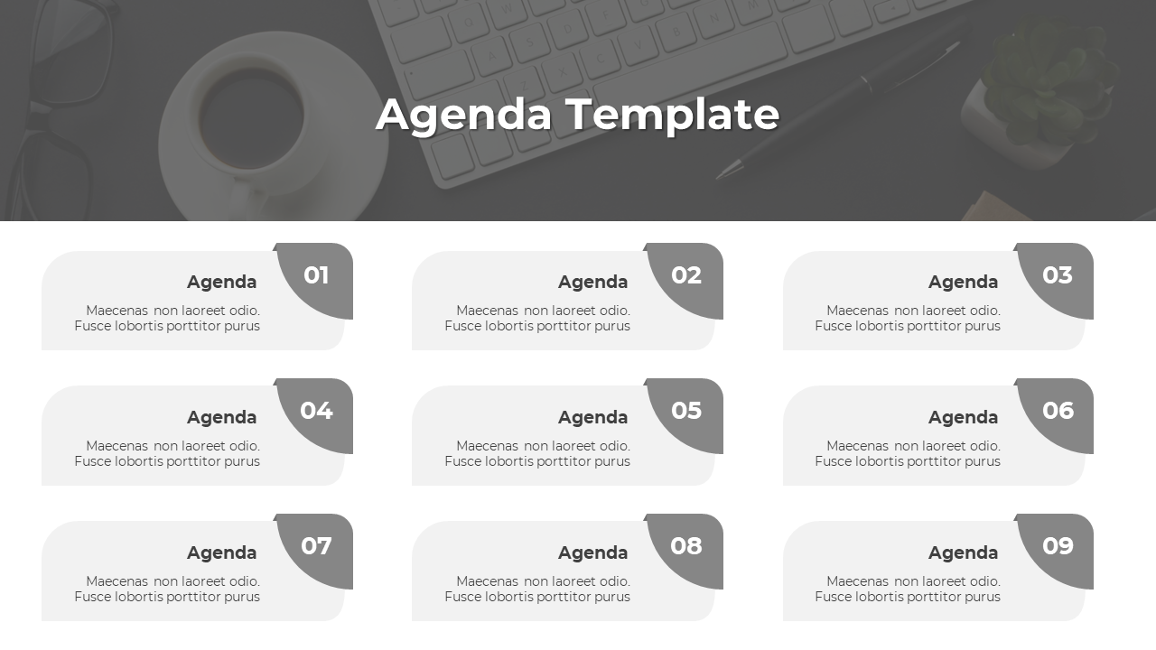 Gray themed agenda template with nine sections, numbered 01 to 09, featuring rounded boxes and descriptive text.