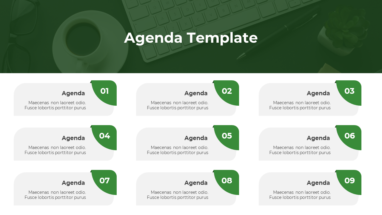 Nine-step agenda slide with green corner tabs for each numbered item in rectangular text boxes.